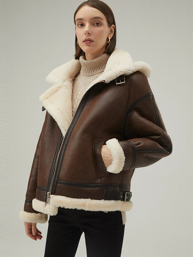 Damen-Lederjacke aus Schaffell und Pelz mit Kapuze 