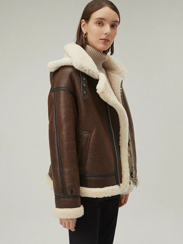 Women's Hooded Fur & Shearling Sheepskin Leather Jacket