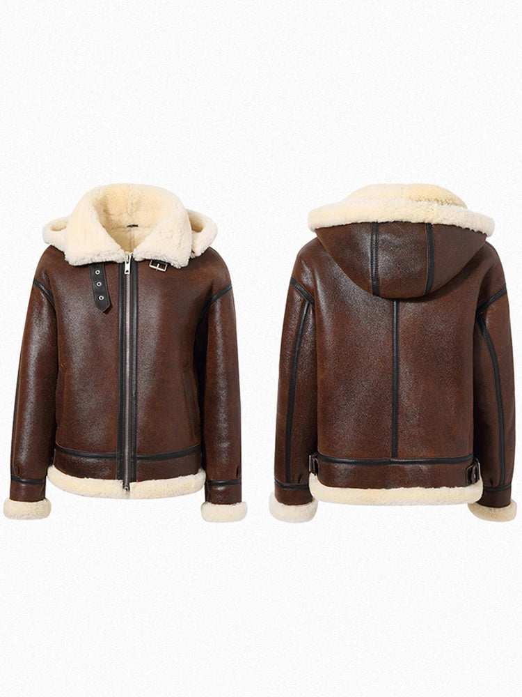 Women's Hooded Fur & Shearling Sheepskin Leather Jacket