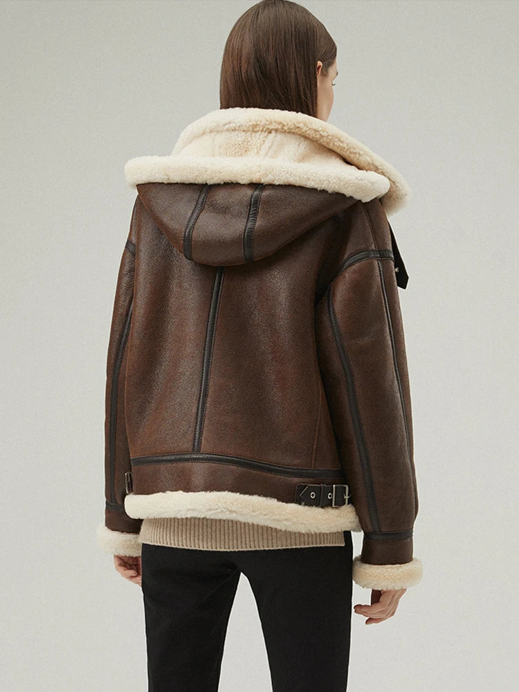 Women's Hooded Fur & Shearling Sheepskin Leather Jacket