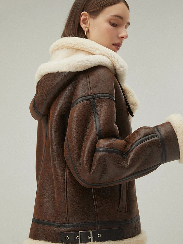 Women's Hooded Fur & Shearling Sheepskin Leather Jacket