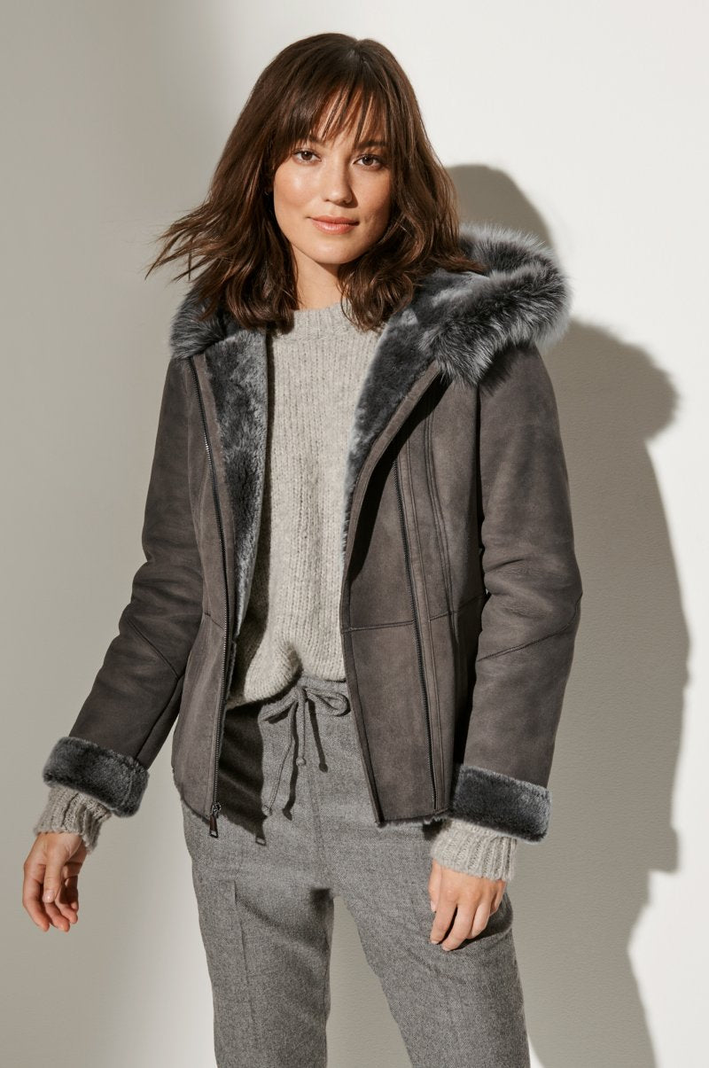 Women's Hooded Sheepskin Fur & Shealing Jacket