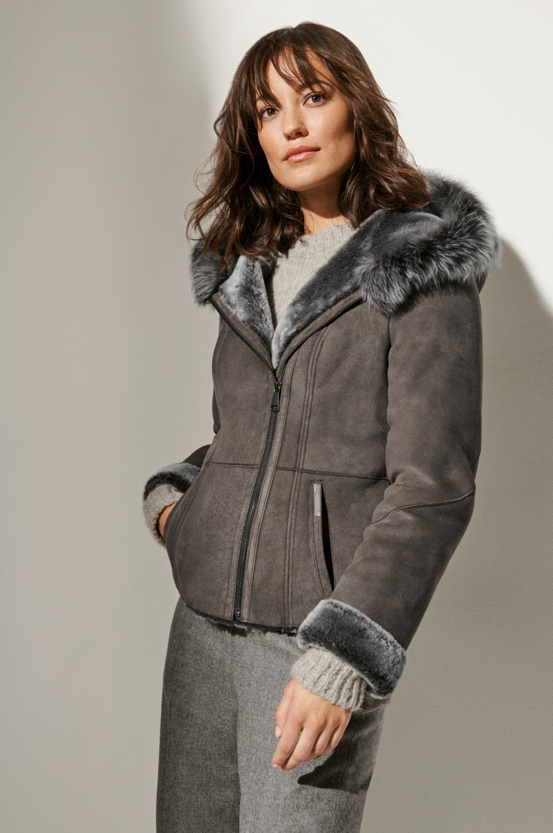 Women's Hooded Sheepskin Fur & Shealing Jacket
