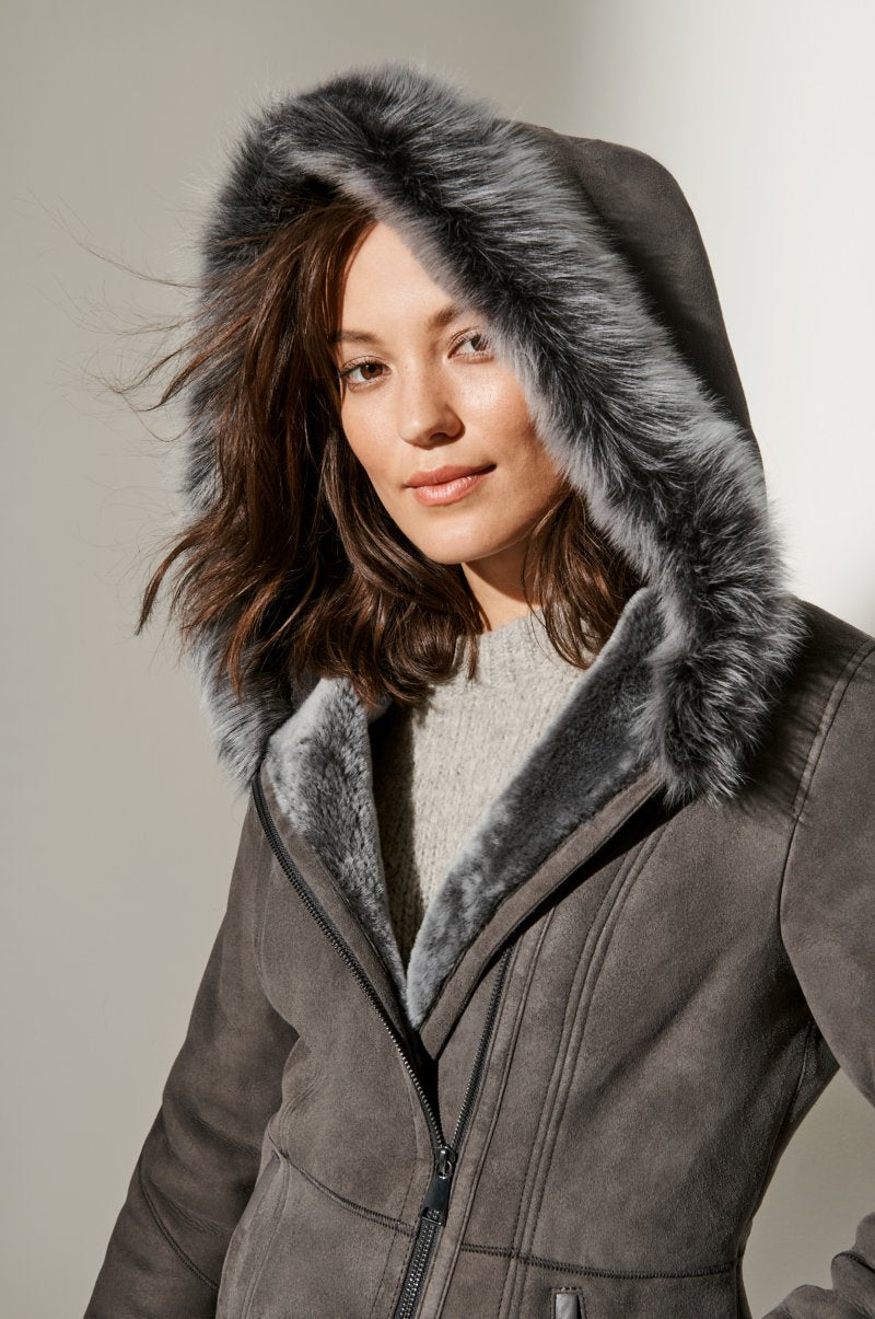 Women's Hooded Sheepskin Fur & Shealing Jacket