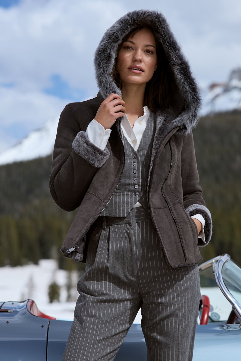Women's Hooded Sheepskin Fur & Shealing Jacket