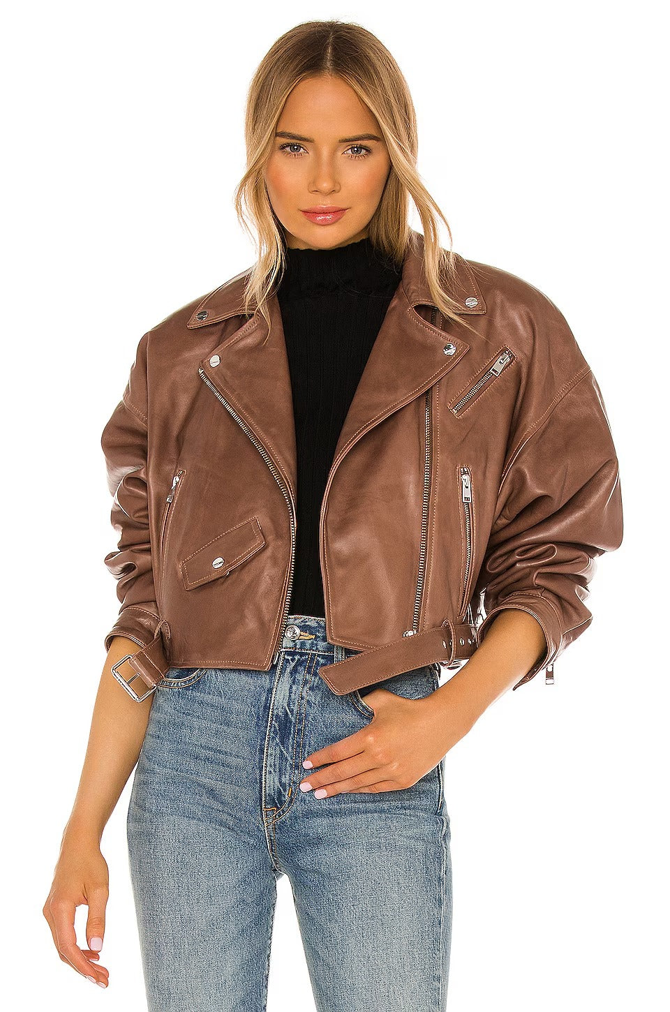 Women's Imported Leather Biker Jacket - Black