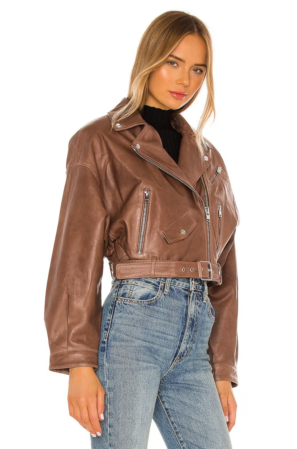Women's Imported Leather Biker Jacket - Brown