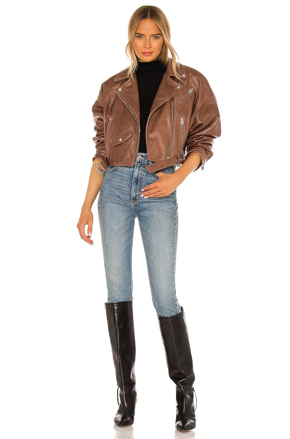 Women's Imported Leather Biker Jacket - Brown