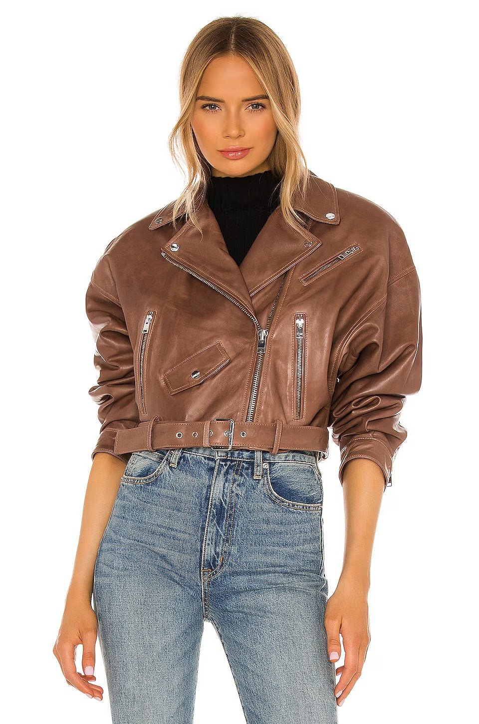 Women's Imported Leather Biker Jacket - Brown