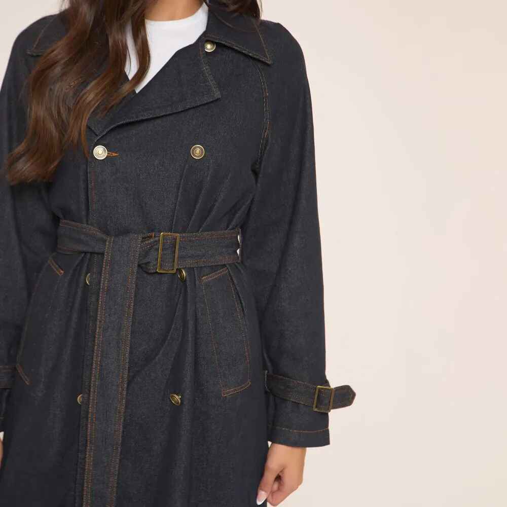 Women's Indigo Blue Long Sleeve Belt Detail Denim Trench Coat