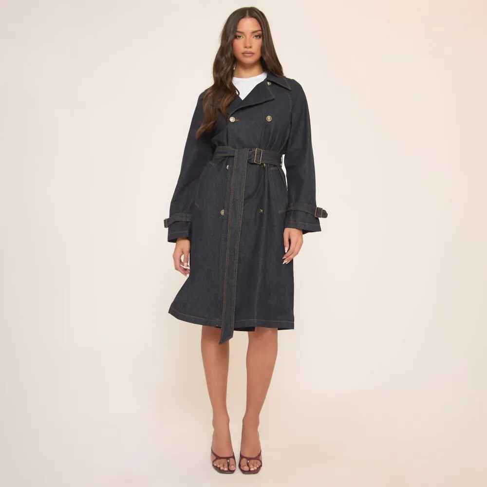 Women's Indigo Blue Long Sleeve Belt Detail Denim Trench Coat