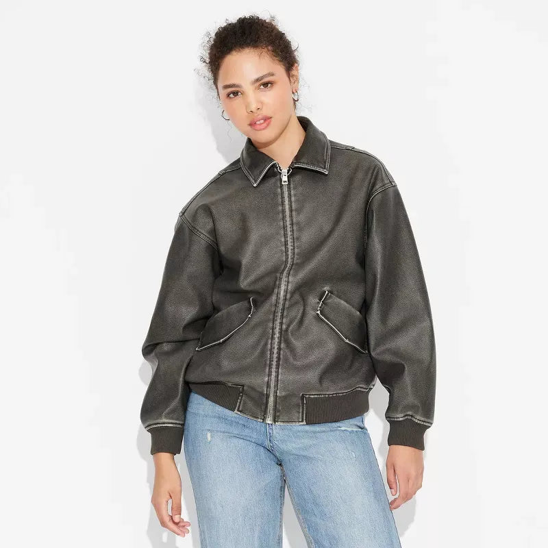 Women's Leather Bomber Jacket - Wild Fable Black