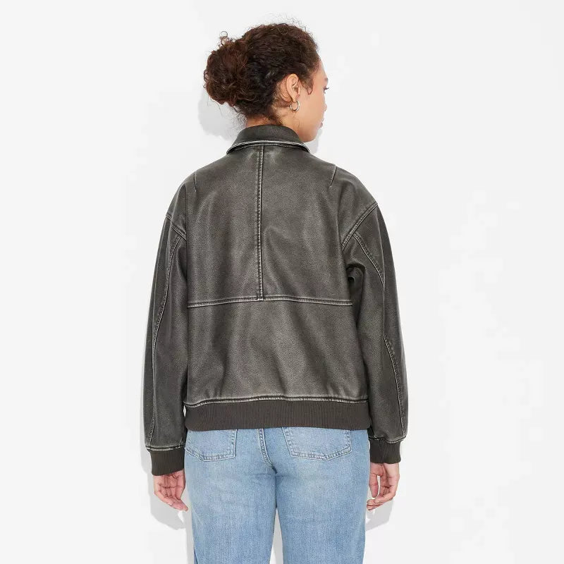 Women's Leather Bomber Jacket - Wild Fable Black