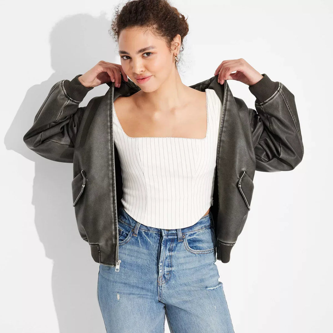 Damen Leder-Bomberjacke - Wild Fable Schwarz