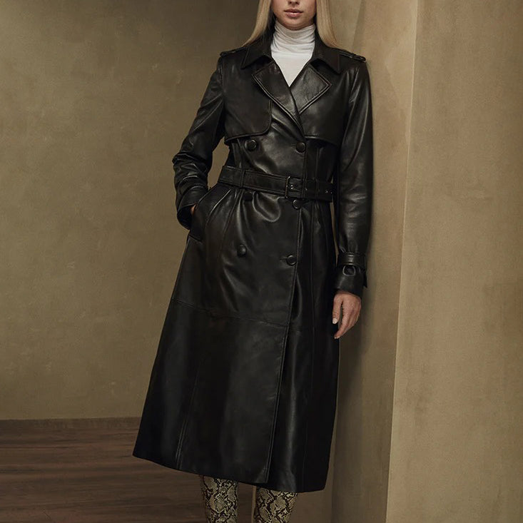 Women's Leather Dark Chocolate Brown Trench Coat