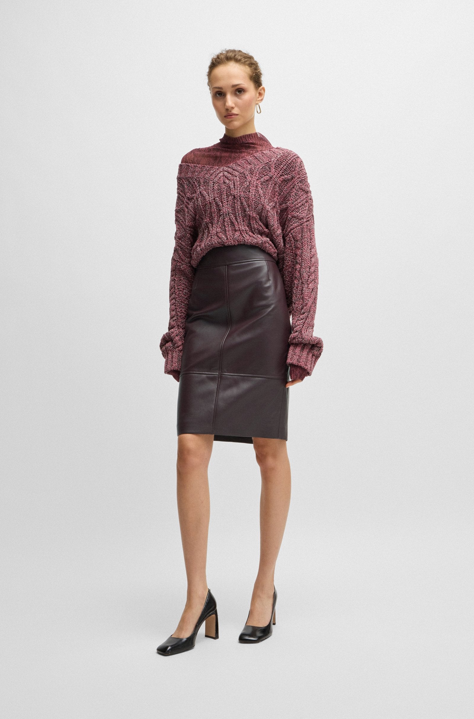Women's Leather Pencil Skirt with Paneled Details