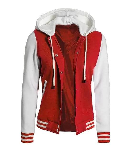 Women's Letterman Red and White Varsity Jacket With Hood