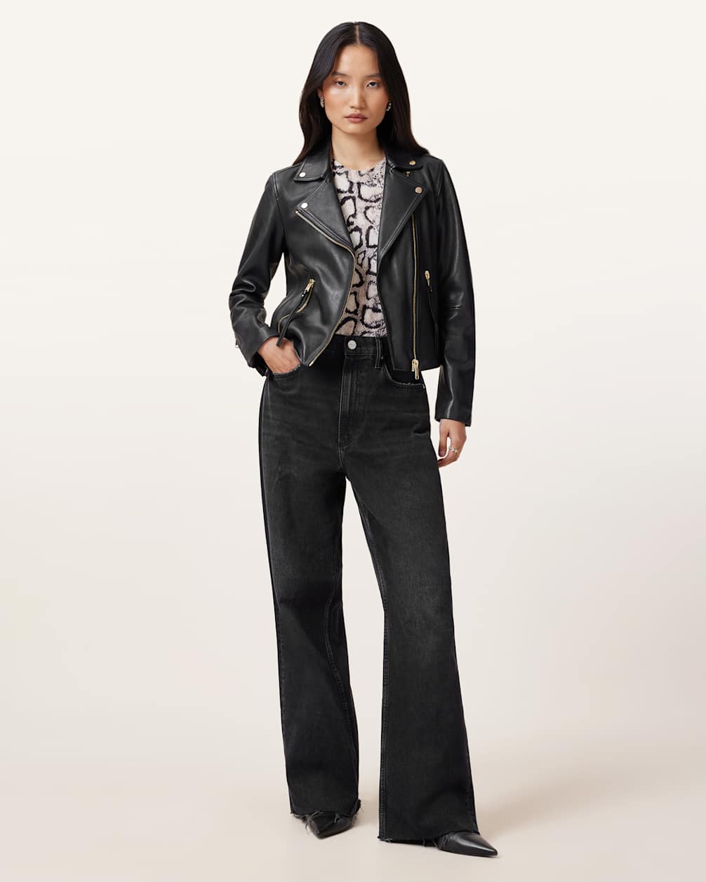 Langärmlige Slim Fit-Bikerjacke aus Leder für Damen