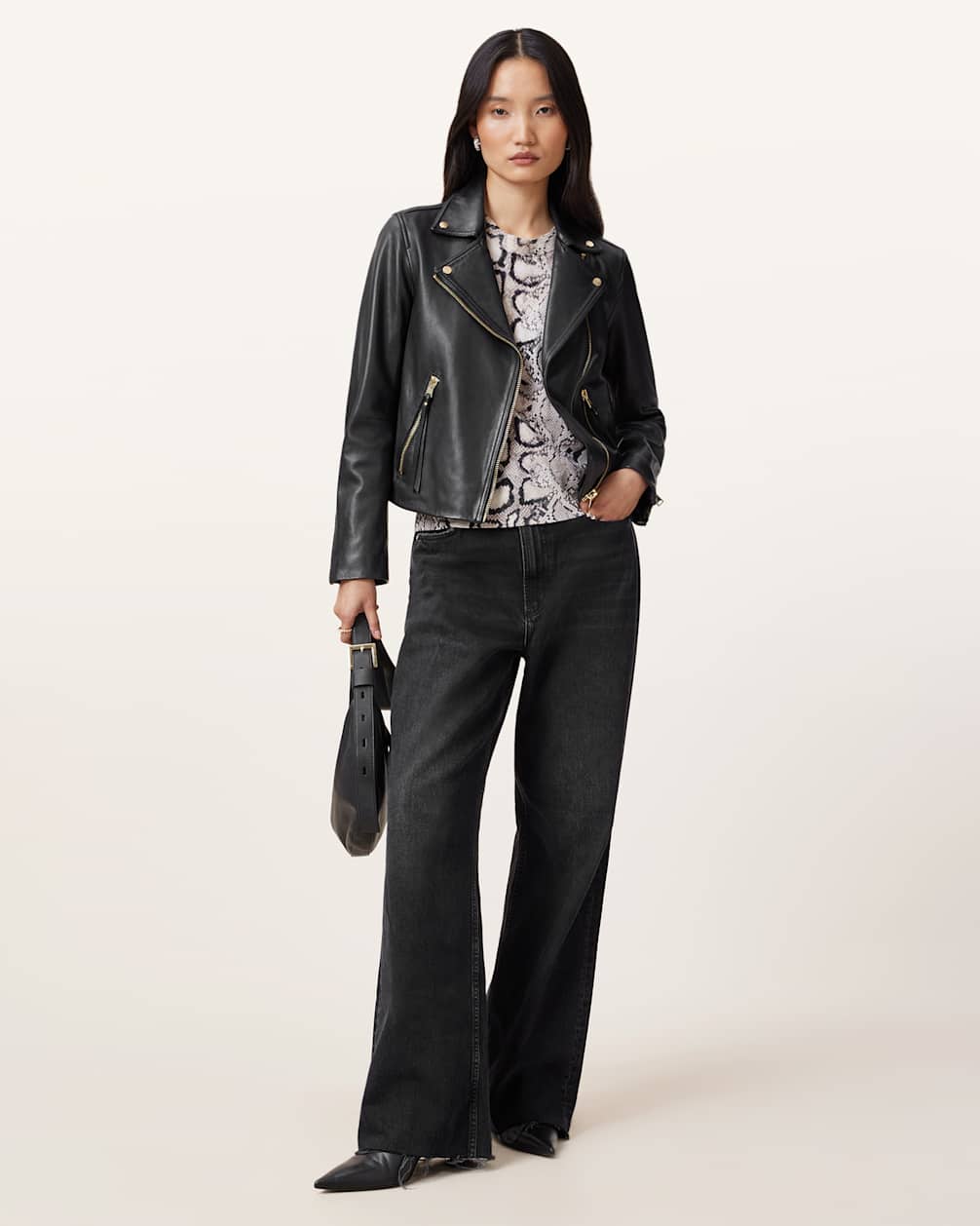 Langärmlige Slim Fit-Bikerjacke aus Leder für Damen