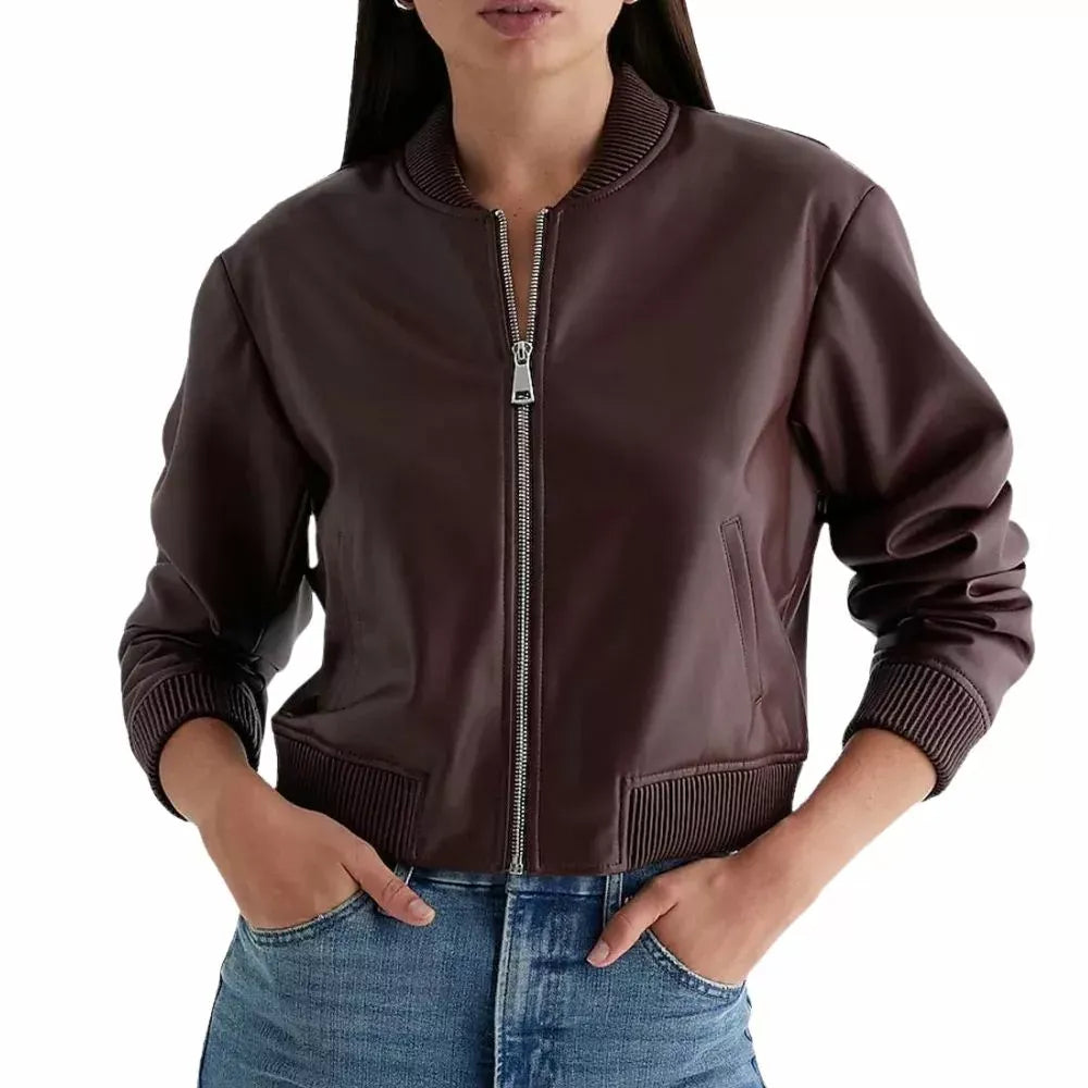 Women's Maroon Leather Bomber Jacket