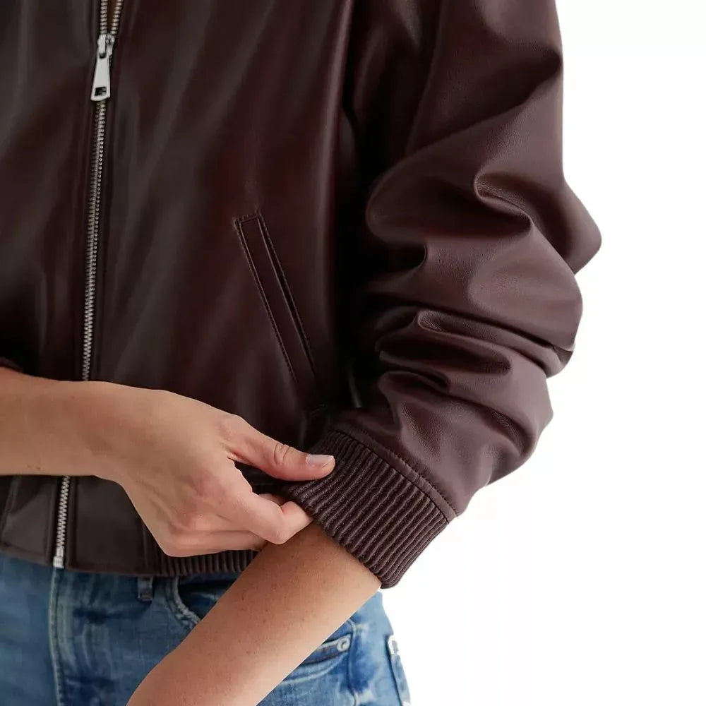 Women's Maroon Leather Bomber Jacket