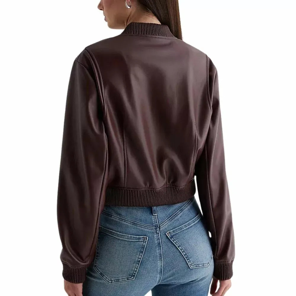Women's Maroon Leather Bomber Jacket