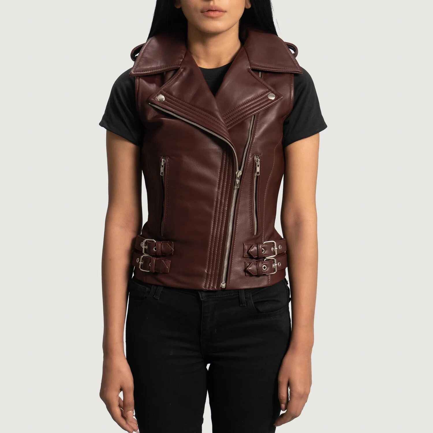Women's Maroon Rhonda Biker Leather Jacket