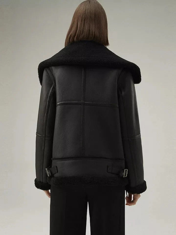 Women’s Matte Black Collared Leather Shearling  Jacket