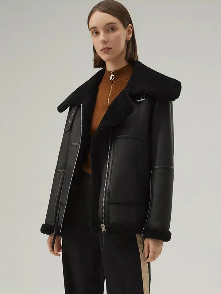 Women’s Matte Black Collared Leather Shearling  Jacket