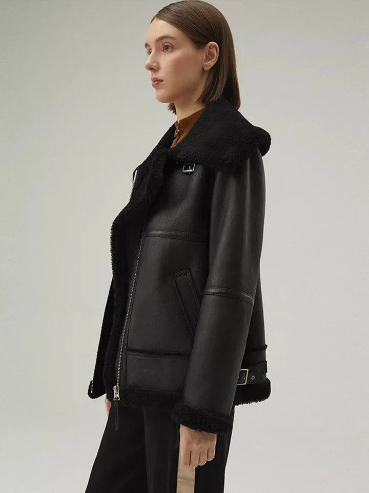Women’s Matte Black Collared Leather Shearling  Jacket