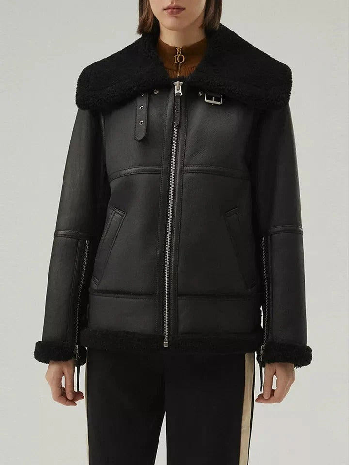 Women’s Matte Black Collared Leather Shearling  Jacket