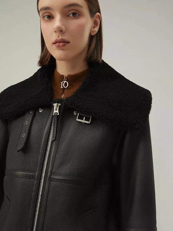 Women’s Matte Black Collared Leather Shearling  Jacket