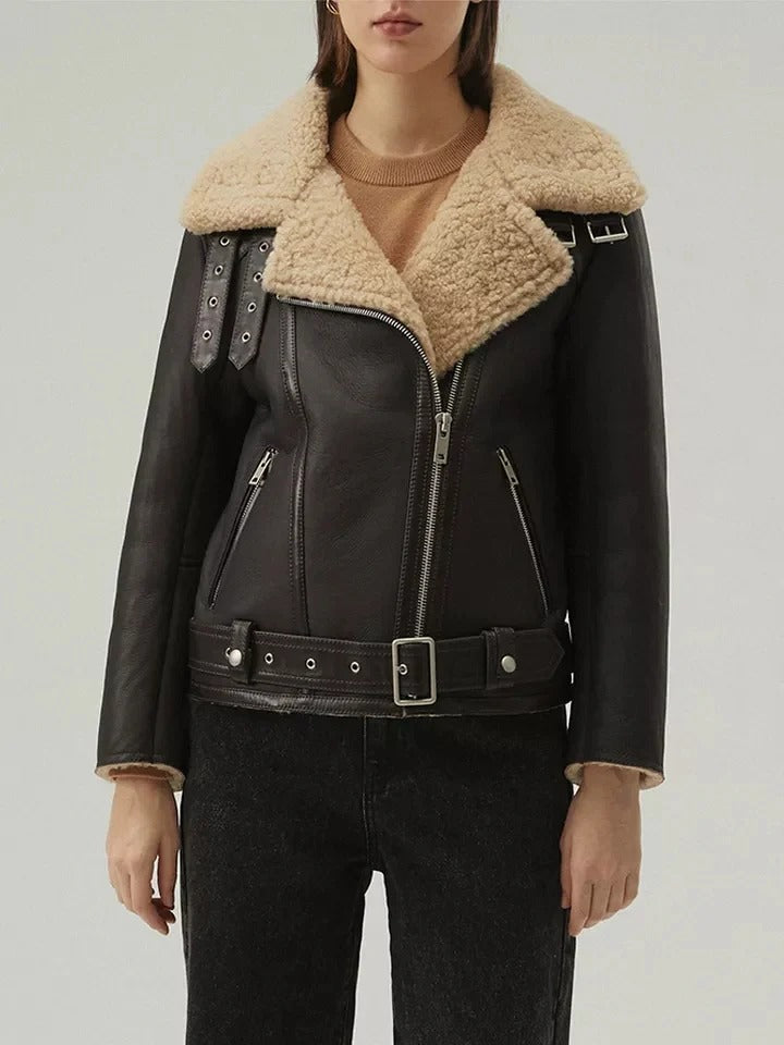 Women’s Matte Black Collared Shearling Leather Jacket