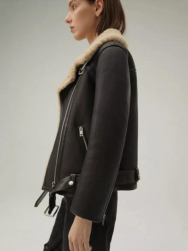 Women’s Matte Black Collared Shearling Leather Jacket