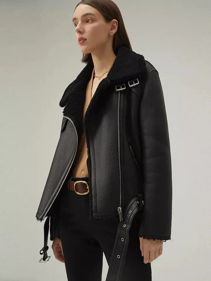 Women’s Matte Black Zipped  Sheepskin Leather Shearling Jacket