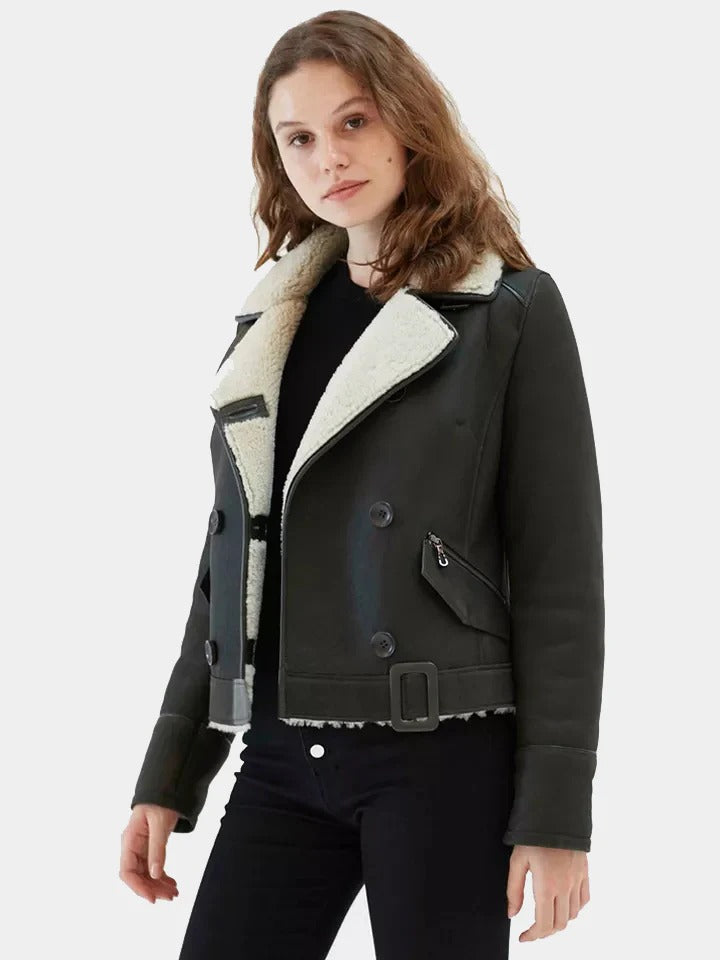 Women's Matte Black stylish Shearling Leather Jacket
