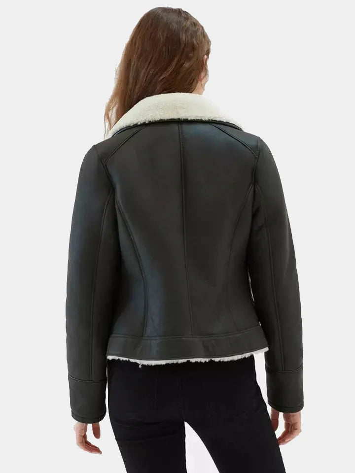 Women's Matte Black stylish Shearling Leather Jacket