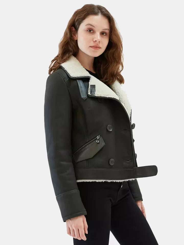 Women's Matte Black stylish Shearling Leather Jacket
