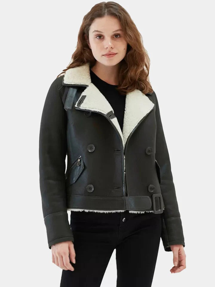 Women's Matte Black stylish Shearling Leather Jacket