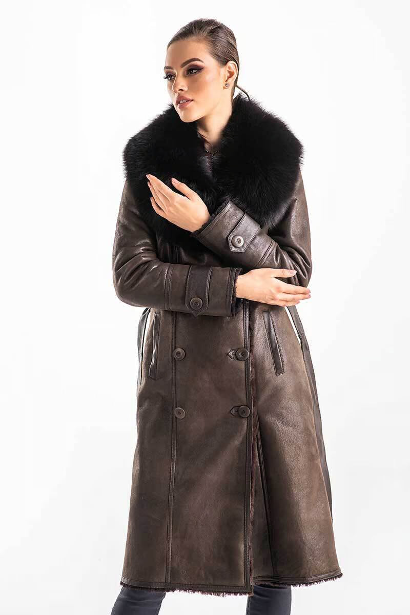 Women's Natural Shearling & Fox Fur Leather Coat