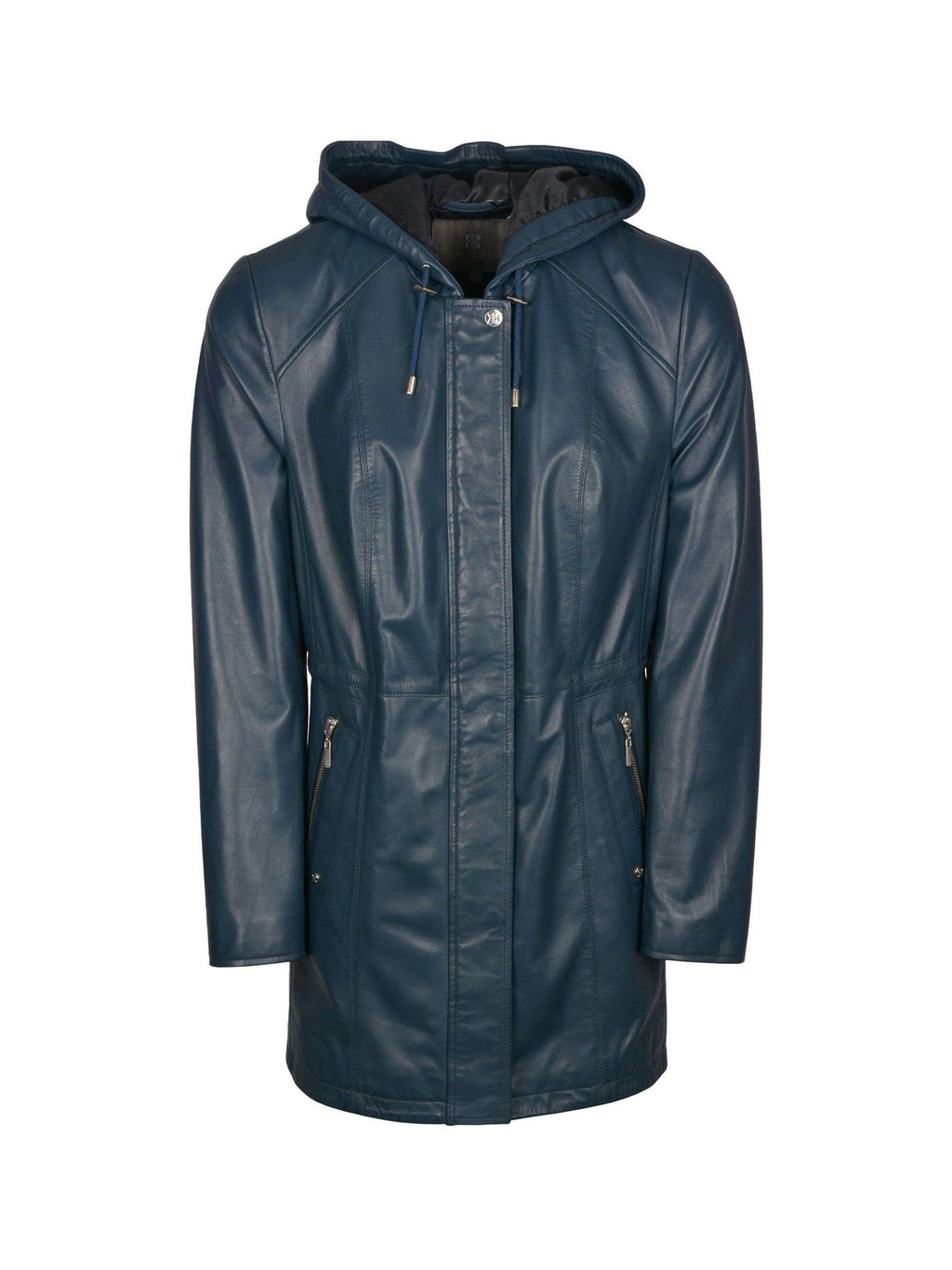 Women's Navy Blue Hooded Leather Coat