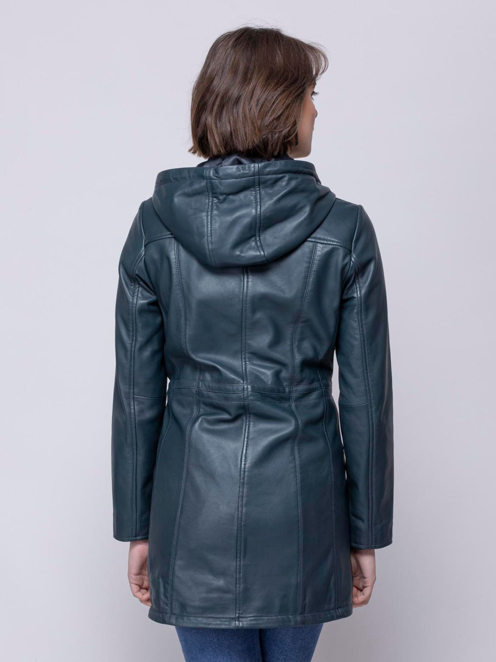 Women's Navy Blue Hooded Leather Coat