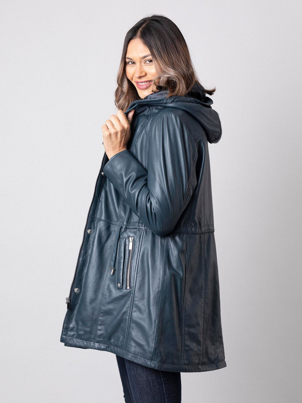 Women's Navy Blue Hooded Leather Coat