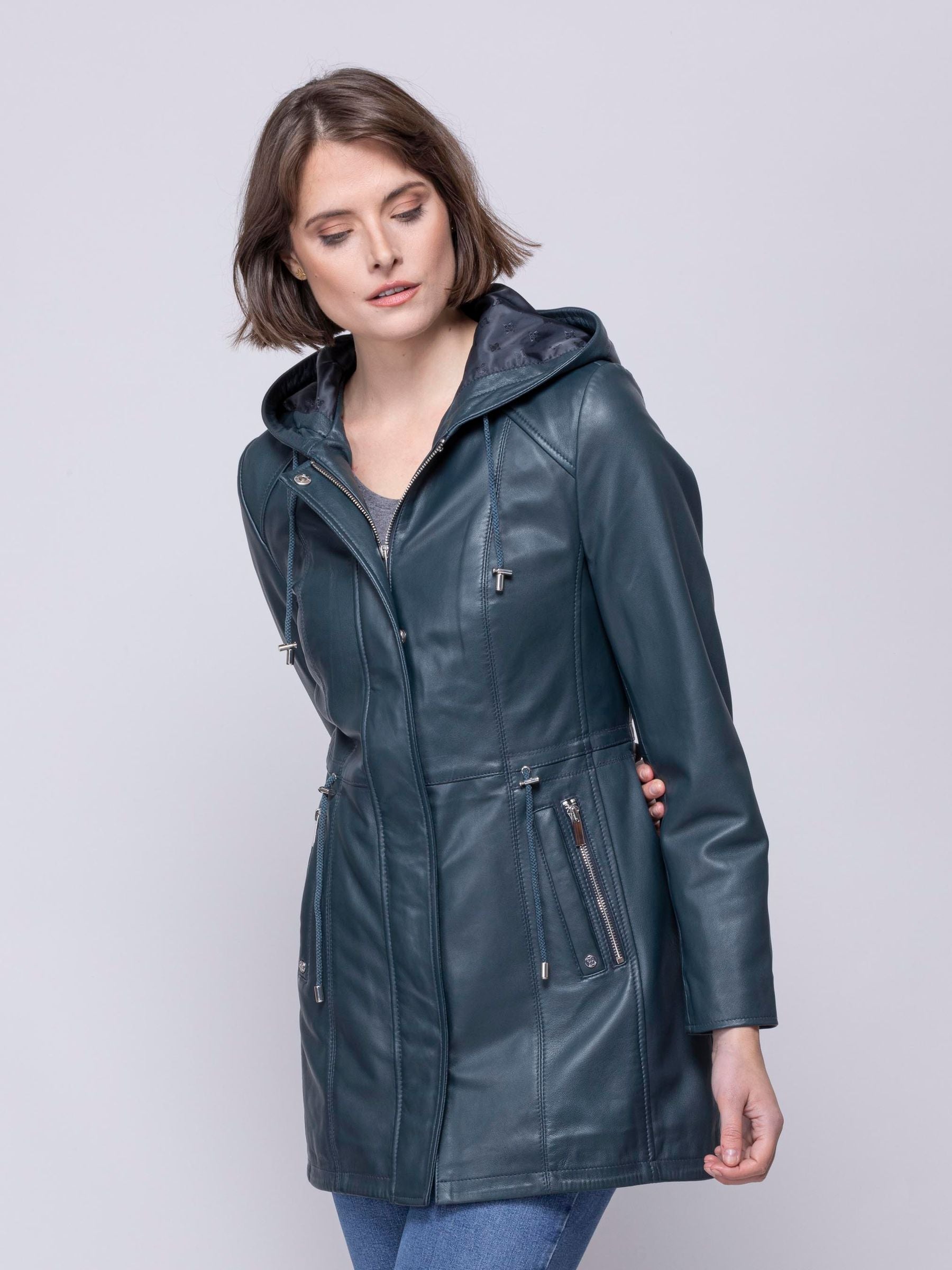 Women's Navy Blue Hooded Leather Coat