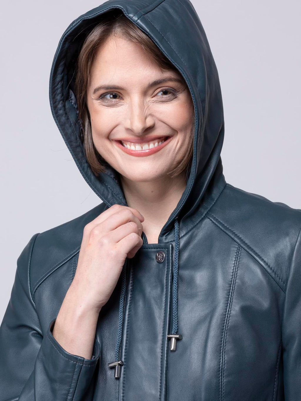 Women's Navy Blue Hooded Leather Coat