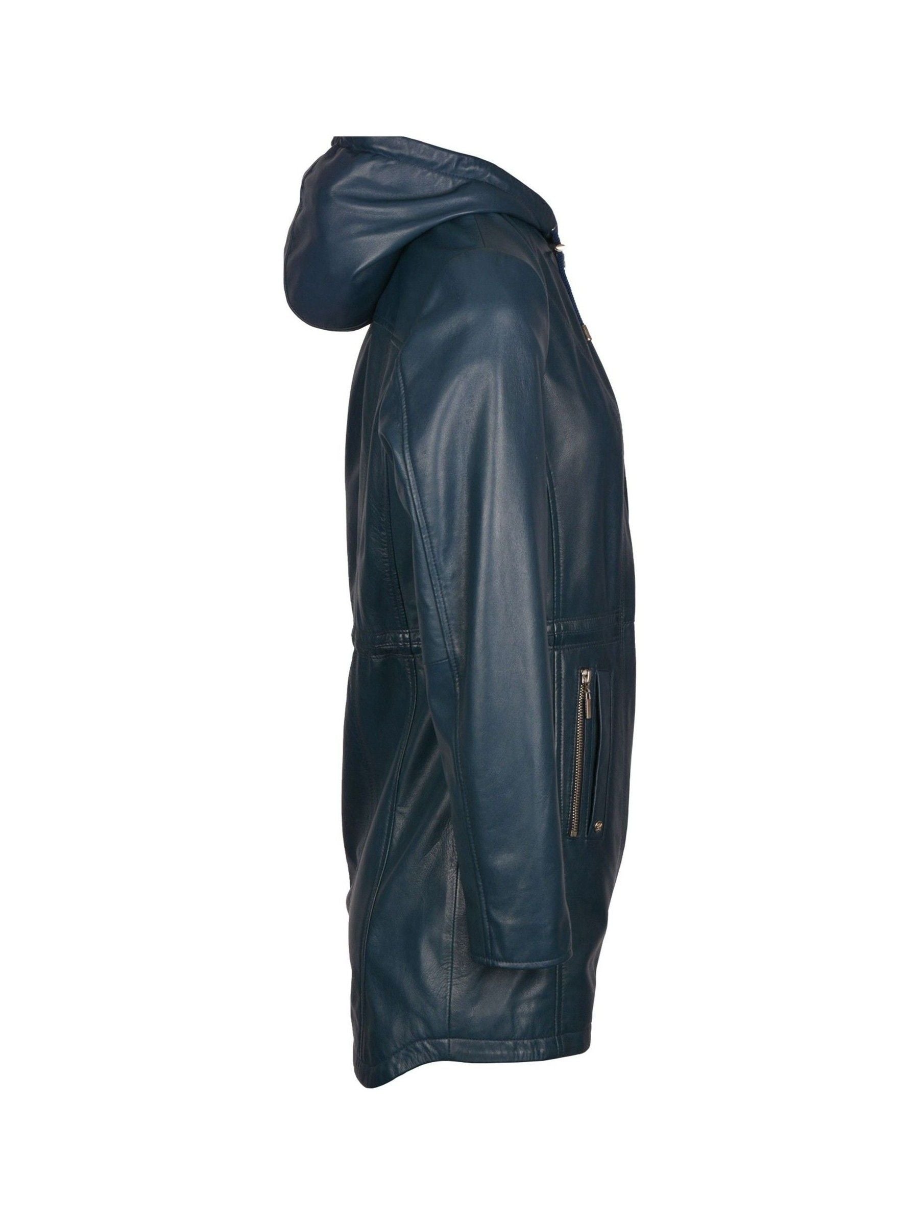 Women's Navy Blue Hooded Leather Coat
