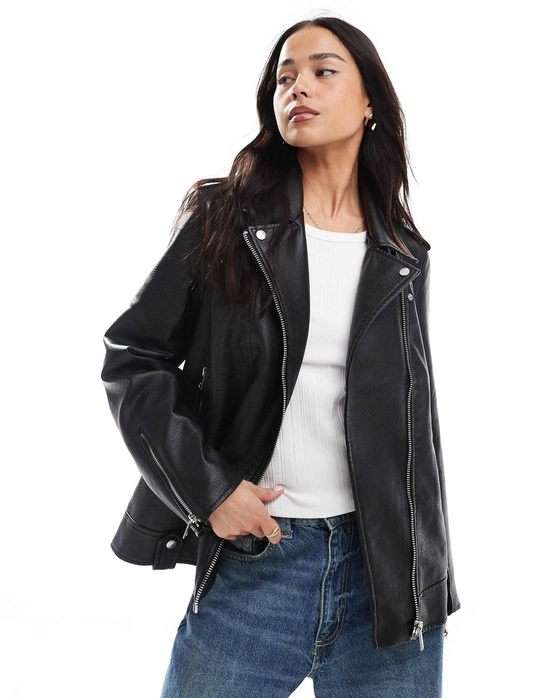 Women's Notch Collar Black Zipper Leather Jacket