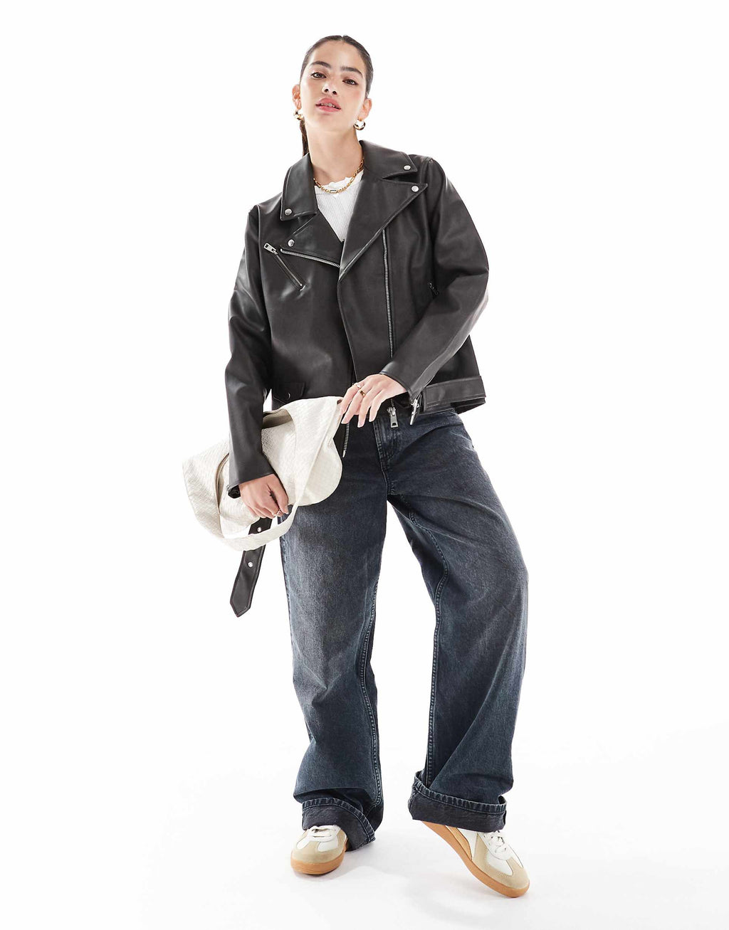 Women's Notch Collar faux leather biker jacket