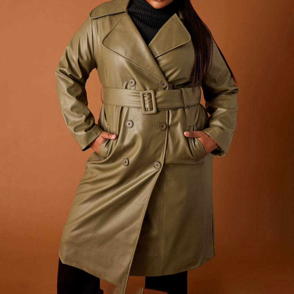 Women's Olive Green Leather Trench Coat