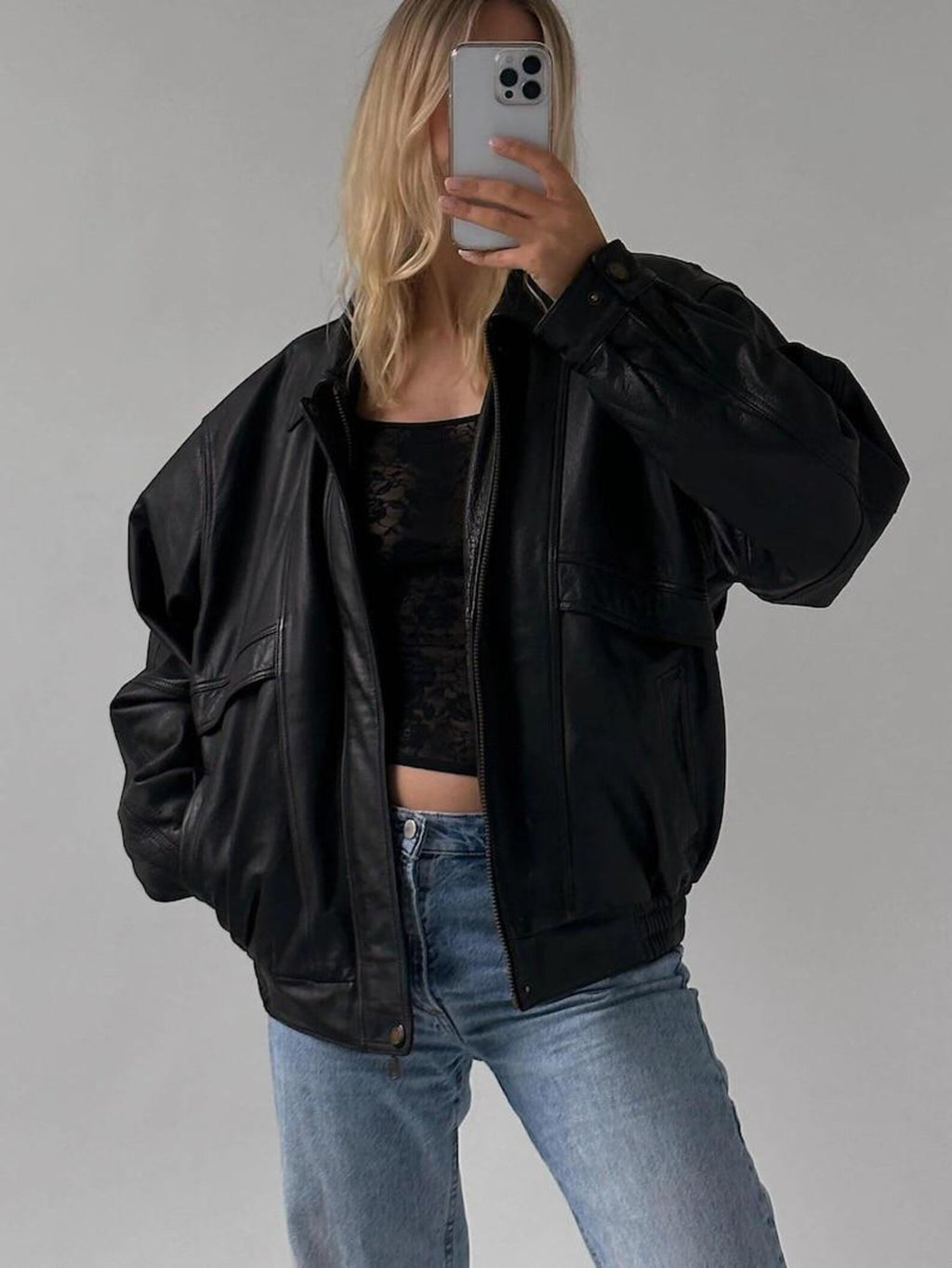 Women's Oversized Black Sheepskin Leather Bomber Jacket
